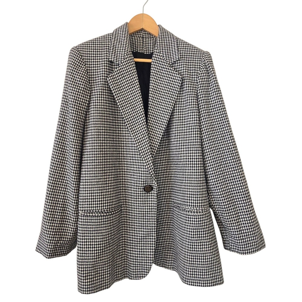 Womens Houndstooth Blazer Size 16 Wool Blend Old Money Preppy Equestrian Jacket